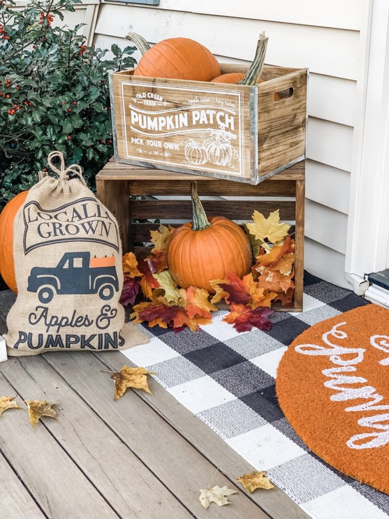 Wooden Crates full of Pumpkins and leaves and burlap sacks