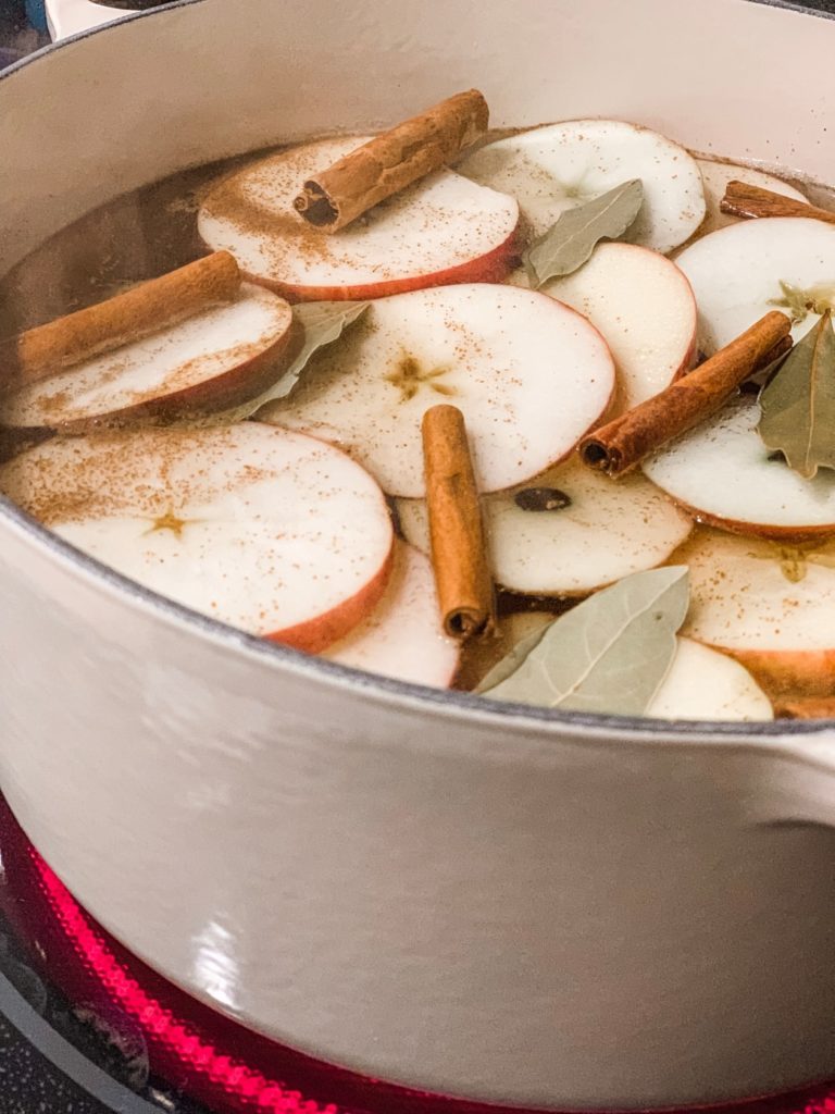 Apple and cinnamon sticks in a pot