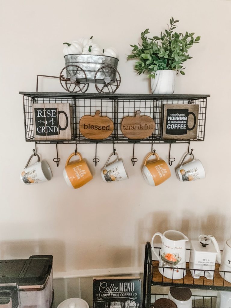 Coffee Cubby Wall Shelf with Fall Mugs and Decor