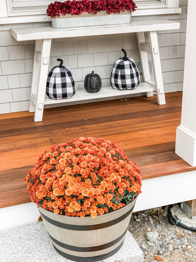 Console table on porch and mums