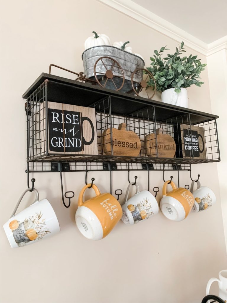 Coffee Cubby Wall Shelf with Fall Mugs hanging and fall Decor
