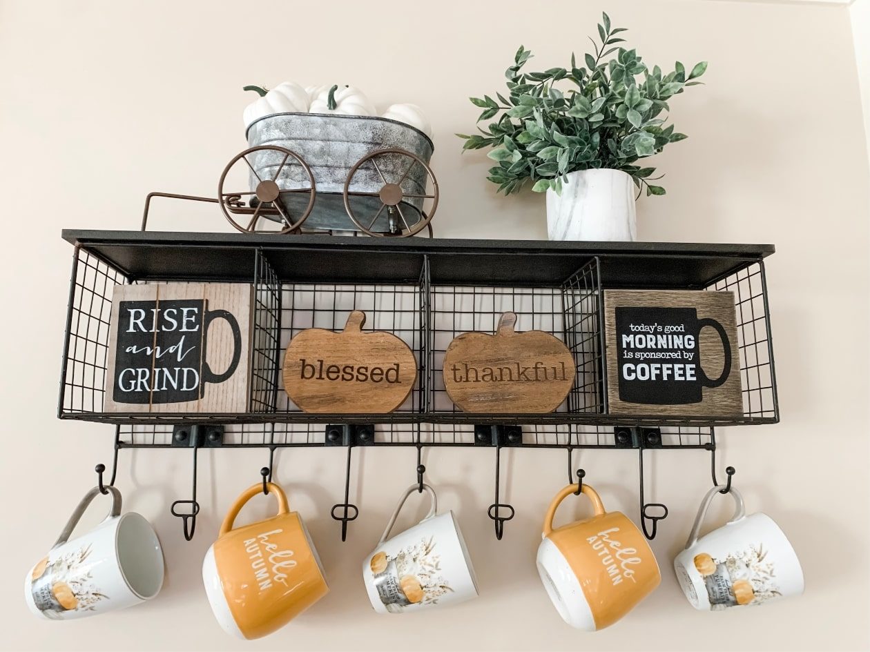 Coffee Cubby Wall Shelf with Fall Mugs hanging and fall Decor