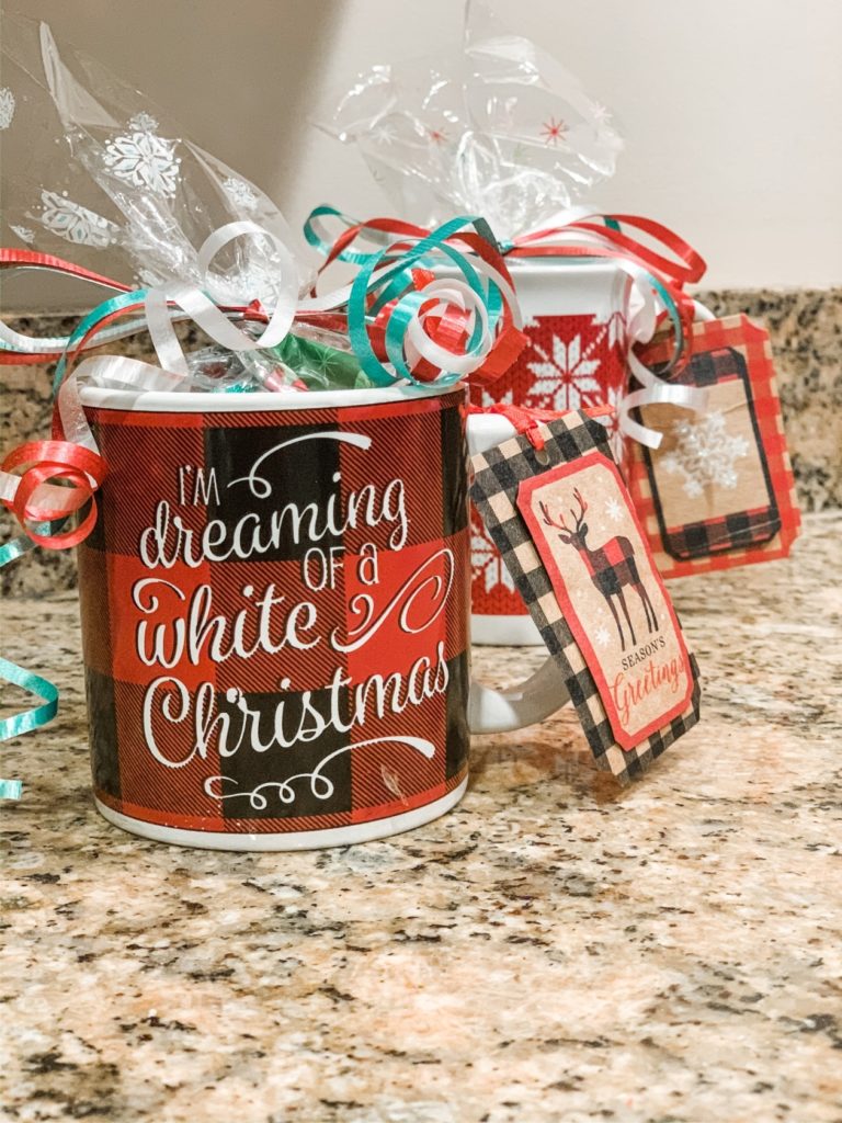 DIY Holiday Mug Gifts with ribbons and gift tags