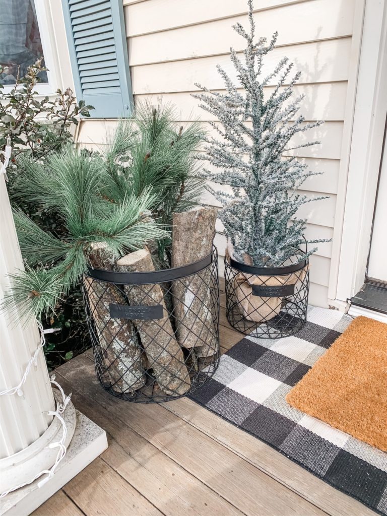 Black Magnolia Home Metal Baskets with Greenery and logs