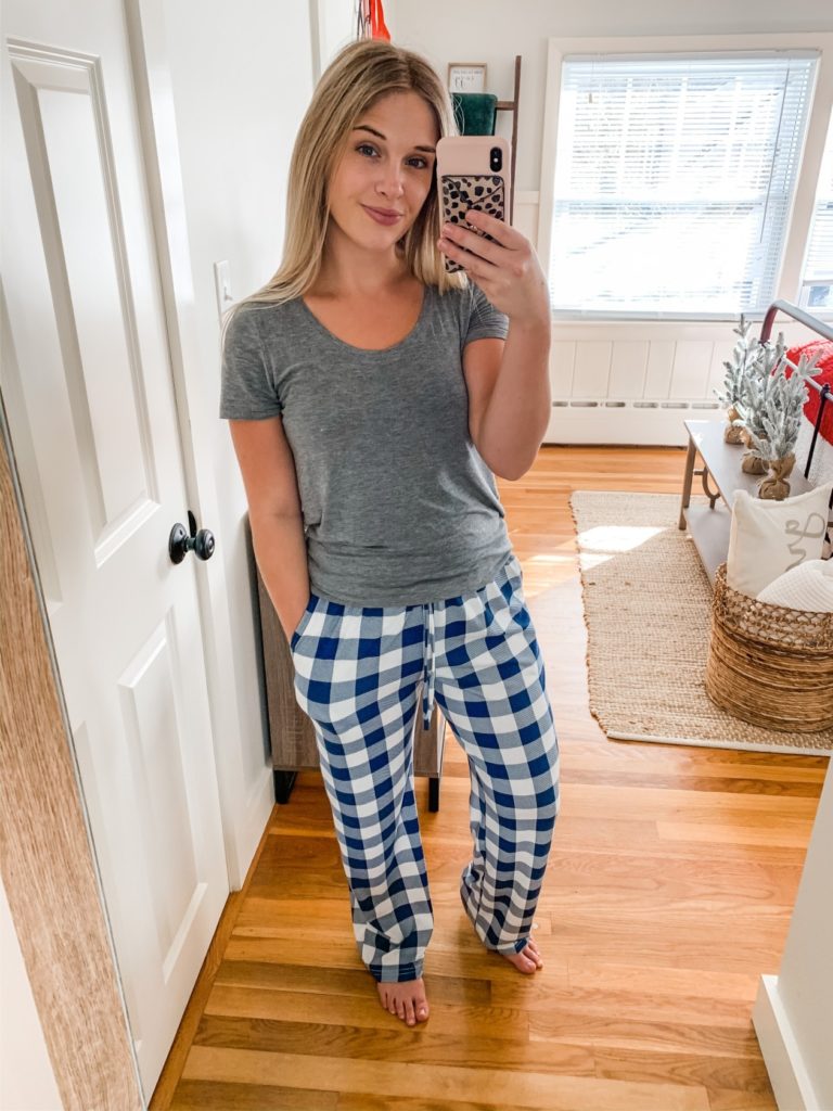 Girl with checkered pajama pants and a tshirt