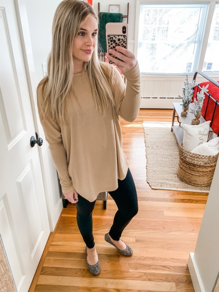 Girl with oversized tan tunic, leggings and leopard flats