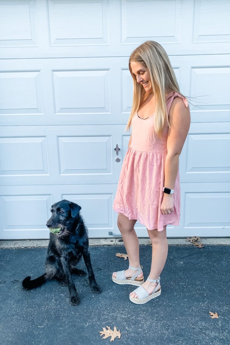 Valentine's Day Outfit, Girl in pink dress and sandals with dog