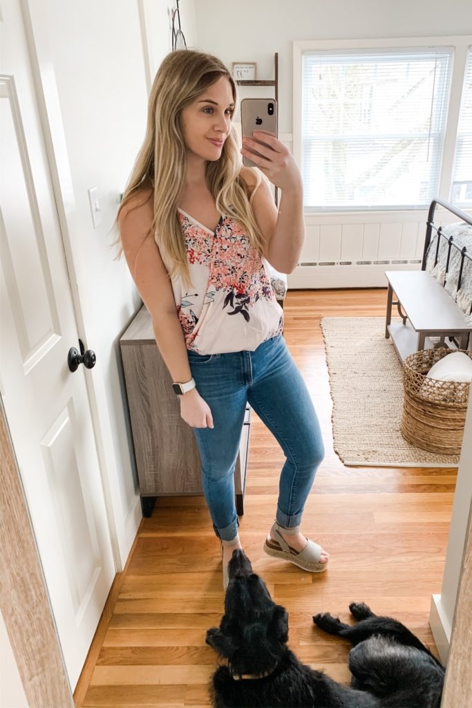girl wearing floral tanktop and jeans with espadrille sandals