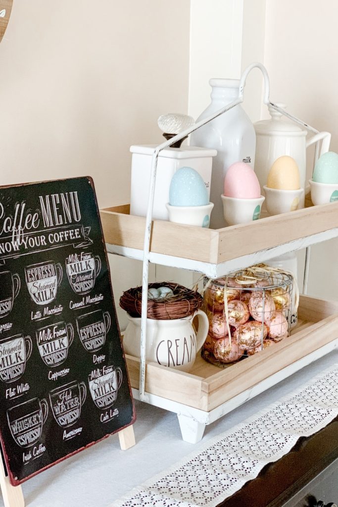 Two tiered try on coffee bar with spring decor