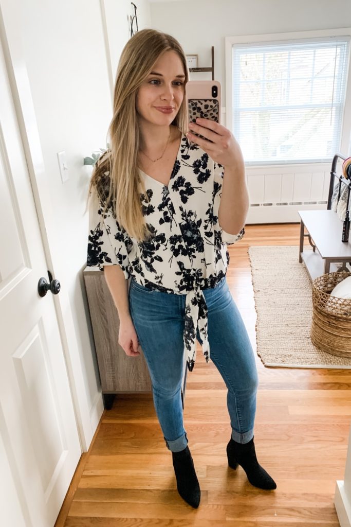 girl in Floral top from amazon