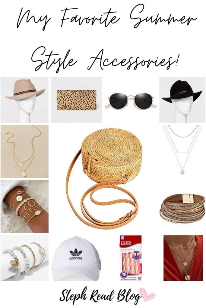 Affordable Summer Style Fashion Accessories - Hats, Rattan Bag, Layered necklaces, sunglasses, bracelets, glue on nails