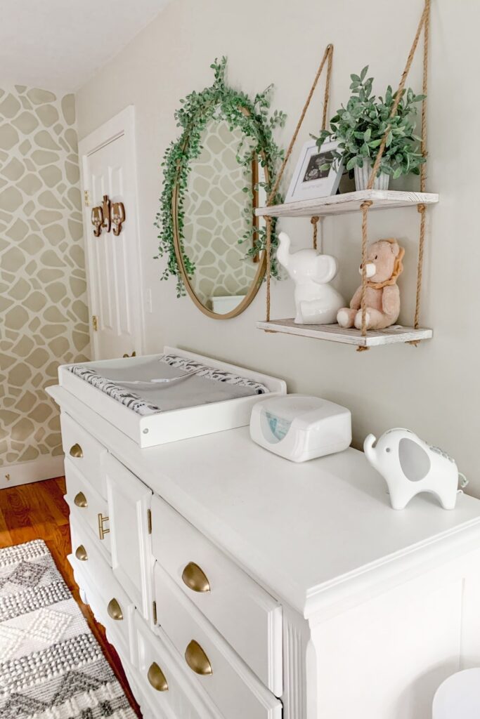 Nursery Dresser with changing pad table + Hanging wall shelf