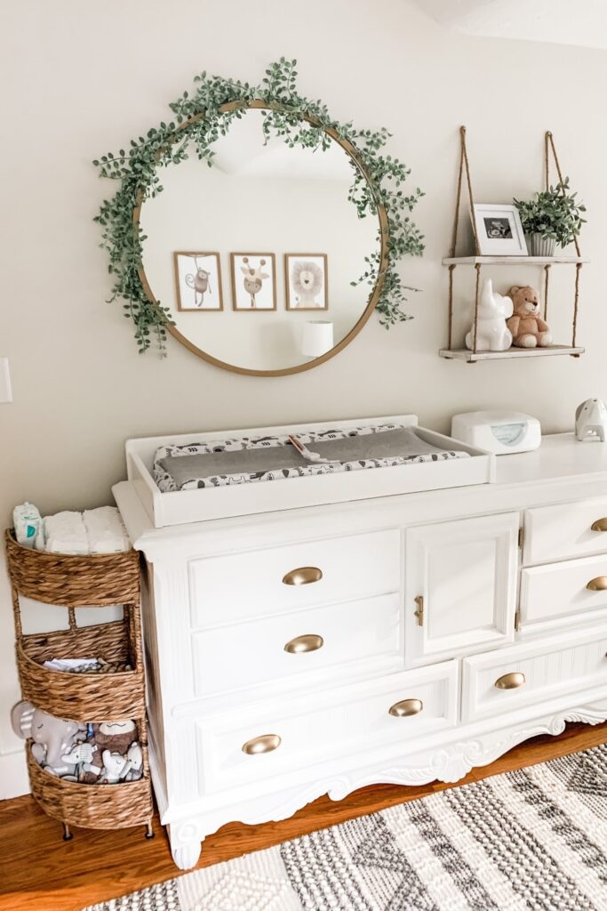 Nursery Dresser with changing pad table + Hanging wall shelf + Gold rimmed round mirror with garland